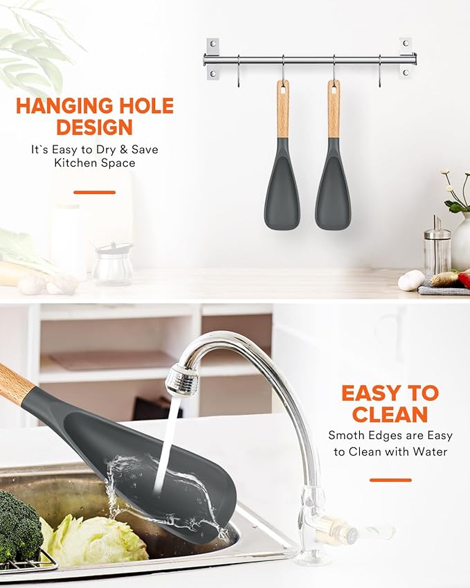 Cooking Spoon for Nonstick Cookwares, Great for Cooking and Serving Sturdy BPA-Free Matte Silicone, Wood Handle Spoon for Mixing, Scoop, and Scrape (2 Pack of Grey, 11.4 inch)