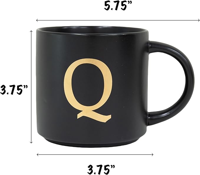 COLLECTIVE HOME - Monogram Ceramic Mugs, 15 oz Golden Initial Black Coffee Cups, Elegant Alphabet Tea Mugs, Elegant Personalized Mug with Gift Box, Unique Mug with Double Side Capital Lette (Q)