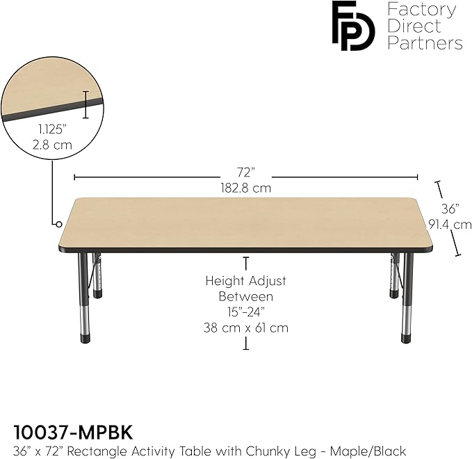 FDP Rectangle Activity School and Classroom Kids Table (36 x 72 inch), Toddler Legs, Adjustable Height 15-24 inches - Maple Top and Black Edge