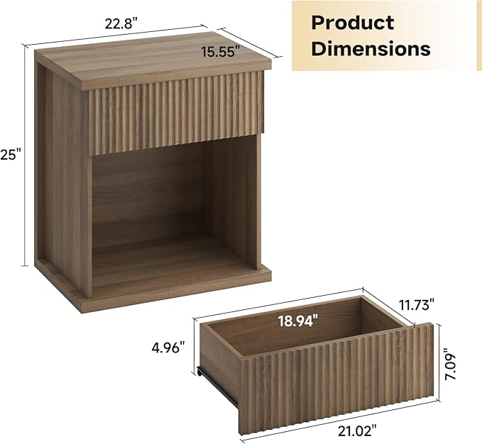 Fluted Nightstand, 22.8" Wide Nightstands with Drawer Storage Large Wood BedsideTable Night Stand for Bedroom Living Room Office, Natural Oak