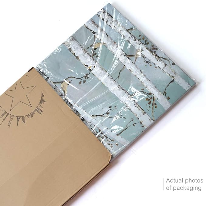 amatop Teal Wall Art 100% Hand-Painted Landscape Forest Oil Painting on Canvas Original Framed Artwork Gold Bird Birch Tree Artwork White Birch at Night for Living Room Bedroom Office Decor 32x16inch