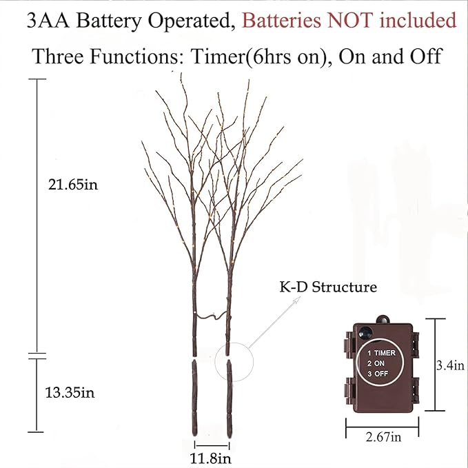 Birchlitland Lighted Brown Branches 32IN 100 LED with Timer Battery Operated, Artificial Tree Branch with Warm,Willow Branch Lights for Home Bedroom Fireplace Christmas Holiday Decoration