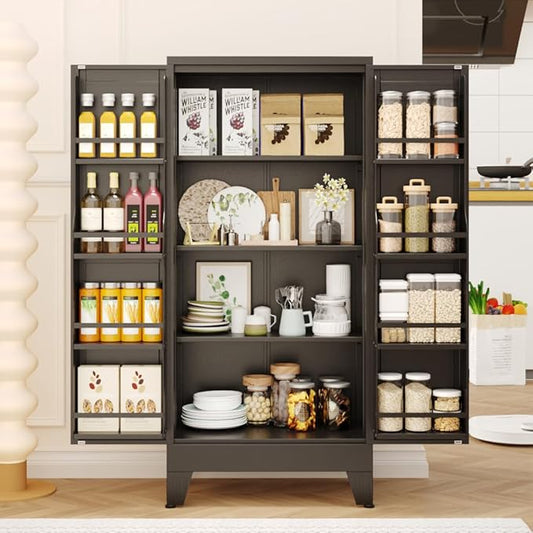 51" Kitchen Pantry Cabinet, Metal Storage Cabinet with 3 Adjustable Layer Shelves, 8 Door Shelves, Buffet Sideboard for Living Room, Kitchen, Black