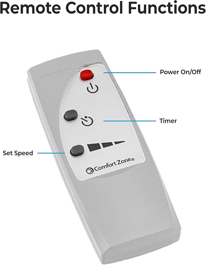 Comfort Zone 18-Inch Oscillating Pedestal Fan with Remote Control, 3-Speed Standing Fan with Adjustable Height (45–52”), Tilt, 4-Hour Timer & Auto Shutoff – Quiet Bedroom Fan, White