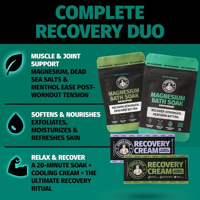Coach Soak Magnesium Flakes & Lotion Trial Pack - Soothing Menthol Lotion & Bath Soak - 0.18 Lb Sachets - Lavender, Eucalyptus & Peppermint Scents