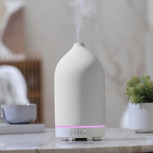 200ML Ceramic Essential Oil Diffuser - Ultrasonic Aromatherapy & Humidifier with 7-Color LED Lights, Auto Shut-Off, White, 1H/3H/6H Timer | Scent for Home,Office,Yoga