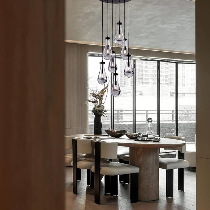 7 Light Raindrop Chandeliers, Bronze Teardrop Cluster Pendant Lights Kitchen Island, Black Dining Room Chandelier Over Table Hanging Pendant Lighting for High Ceiling, Entryway Staircase
