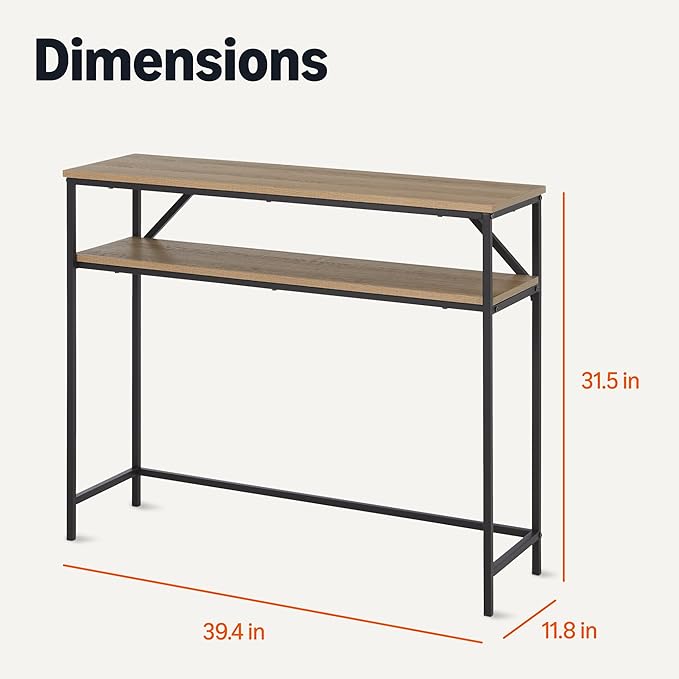 Amazon Basics Rectangular Console Table with Storage Shelf, Steel Frame, 39x31x11.8 in, Oak Finish