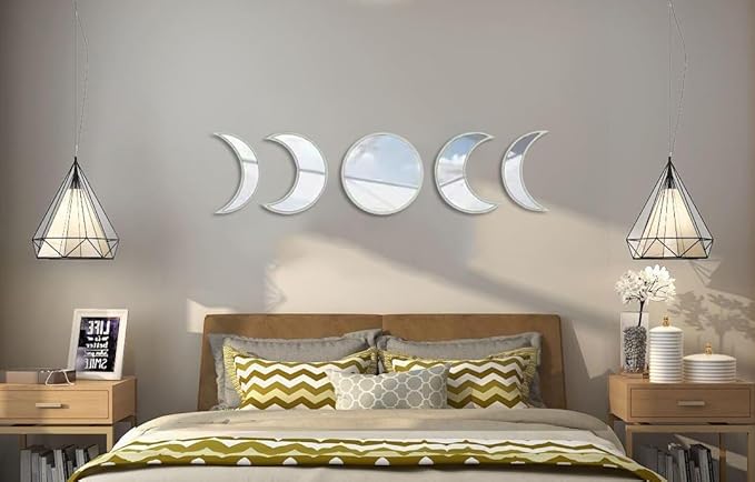 5 pcs Scandinavian Natural Decor Acrylic Moonphase Mirrors Interior Design Moon Phase Mirror Bohemian Wall Decoration for Home Living Room Bedroom Decor - No Need to Punch (Gold)
