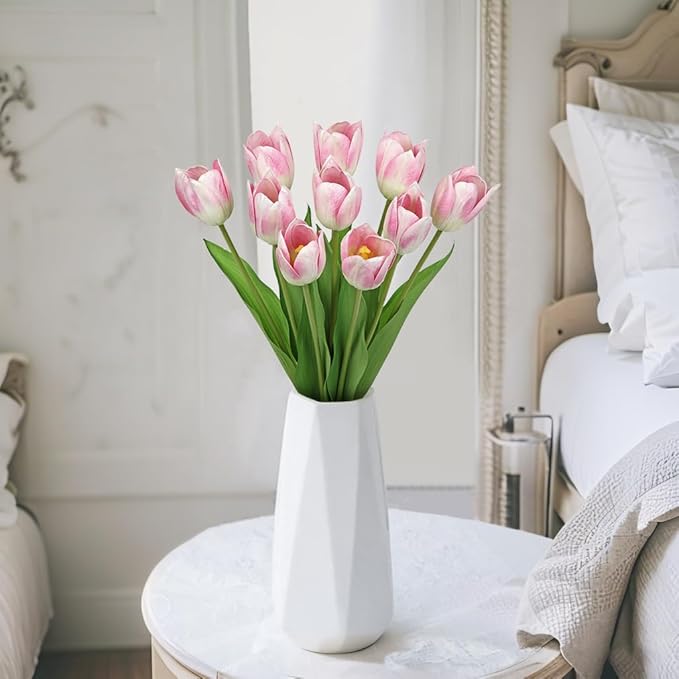 Artificial Tulips Flowers – 20" Long Stem Faux Tulips, 10PCS Real Touch Fake Pink Tulip for Vase, Farmhouse, Kitchen, Spring & Wedding Home Decor