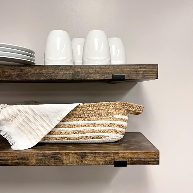 Rustic Shelves with J-Brackets Set of 2, Industrial Shelf, Kitchen Shelves, Solid Wood, Decorative Wall Storage, Heavy Duty, URBANDI (Dark Brown, 12Wx8D)