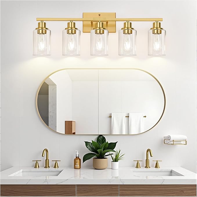 5-Light Bathroom Vanity Light with Clear Glass Shades, Brushed Gold Bathroom Light Fixtures Over Mirror, Modern Vanity Light for Mirror Living Room Cabinet Bedroom Porch