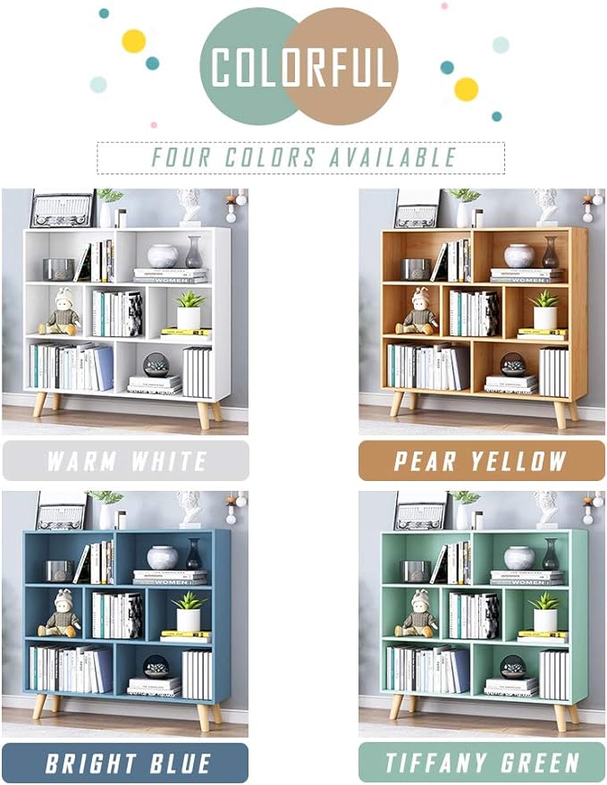 IOTXY Wooden Open Shelf Bookcase - 3-Tier Floor Standing Display Cabinet Rack with Legs, 7 Cubes Bookshelf, Bright Blue
