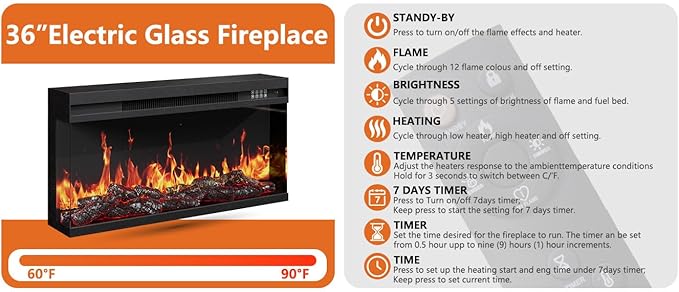 3-Sided Glass Farmhouse Fireplace TV Stand for TVs Up to 100 Inch, Entertainment Center with 36" Electric Fireplace, Oak TV Console with Storage Cabinets for Living Room