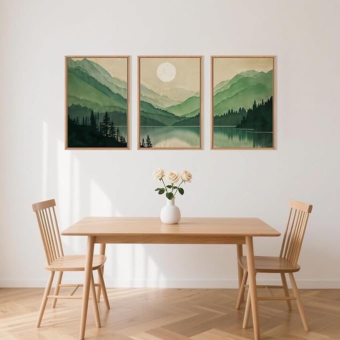 Celestdeco Watercolor Mountains Framed Canvas Wall Art Set, Boho Sun Forests Wall Decor, Green Scenery Wall Painting, Modern Woodland Artworks for Living Room, Bedroom, Dining Room, Office - 16"x24"x3