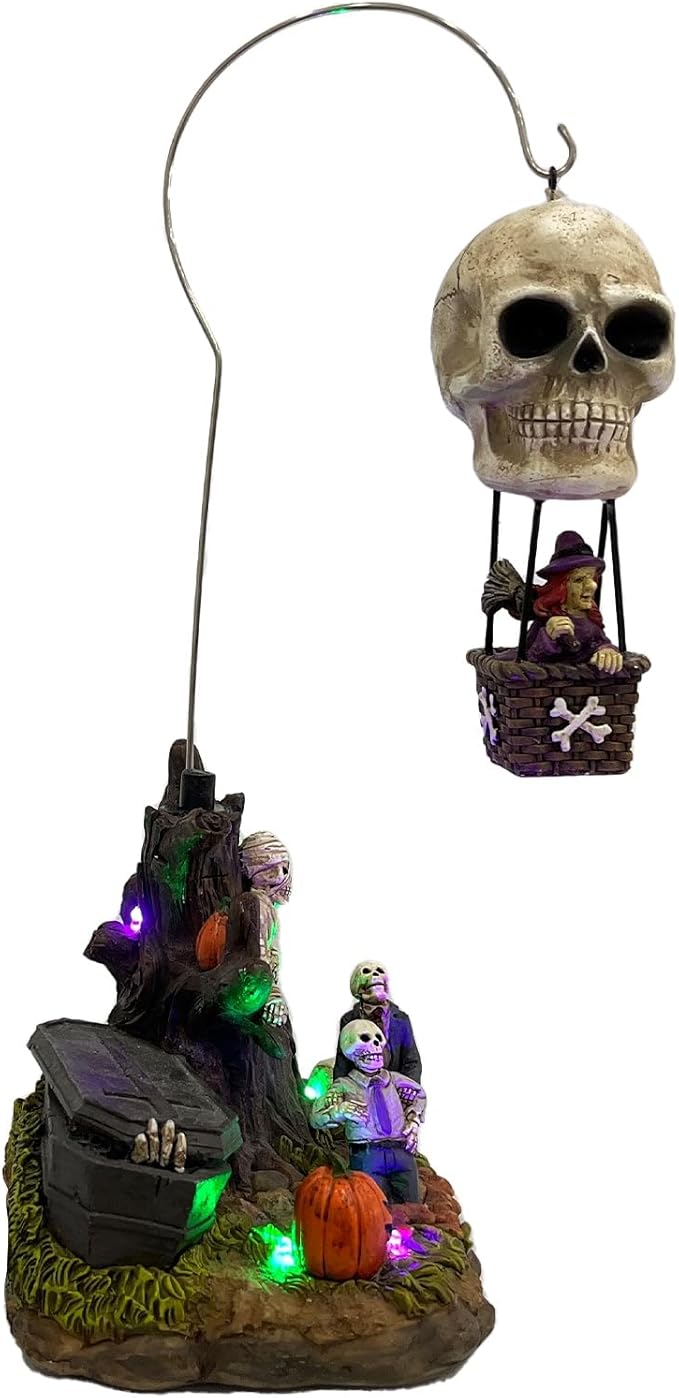 Animated Skull Balloon Ride Halloween Figurine | Spooky Town Collection Accessories with Multi-Color LED, Motion and Sound | 14.13 Inch