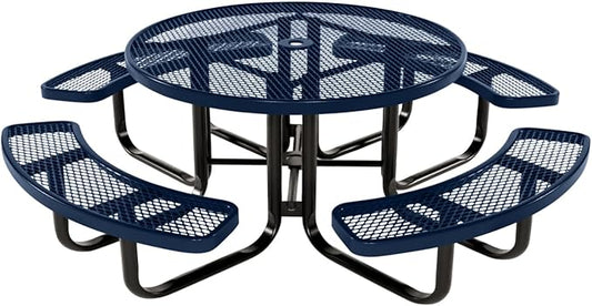 Coated Outdoor Furniture Heavy-Duty Portable Outdoor Kids Table with Umbrella Hole, Expanded Metal Kids Picnic Table, Commercial-Grade, Made in America (46 In, Round, Childrens, Textured Dark Blue)