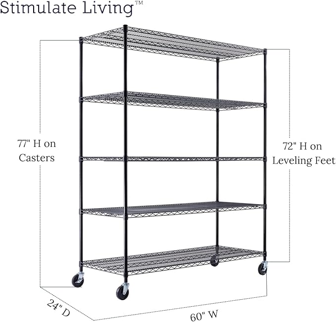 60"x24"x72" PRIME HEAVY DUTY Black 5-Tier Wire Shelving NSF 3000 LBS MAX Capacity Storage Rack for Commercial, School, Home, Garage, Warehouse, Industrial, and Hospital Uses (with Wheels)