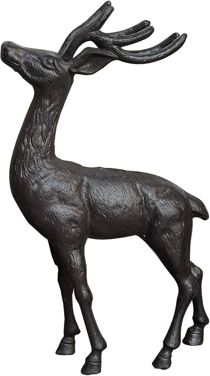 Cast Iron Deer Statue（22" Tall）, Realistic Large Antler Sculpture, Outdoor Garden Decor for Lawn Patio Yard, Indoor Home Art Figure HC5691