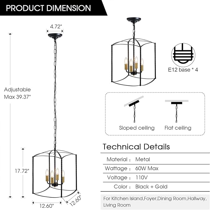 Farmhouse 4 Lights Pendant Light, Industrial Black Lantern Chandelier with E12 Gold Base Metal Cage Rustic Geometric Hanging Light Fixtures for Kitchen Island Foyer Entryway Dining Room