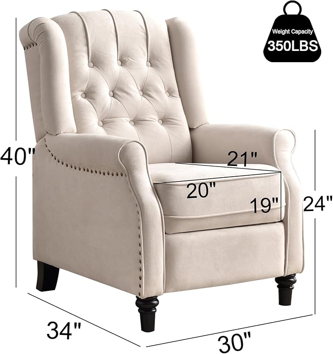 EBELLO Pushback Recliner Chair, Fabric Armchair Push Back Recliner with Rivet Decoration, Mid Century Wingback Accent Chair for Living Room, Bedroom, Beige