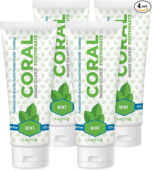 Coral White Nano Silver Mint Toothpaste, Natural Fluoride Free Teeth Whitening Toothpaste, Coral Calcium Nano Silver Infused SLS, Glycierin Free 4 Ounce (4 Pack)
