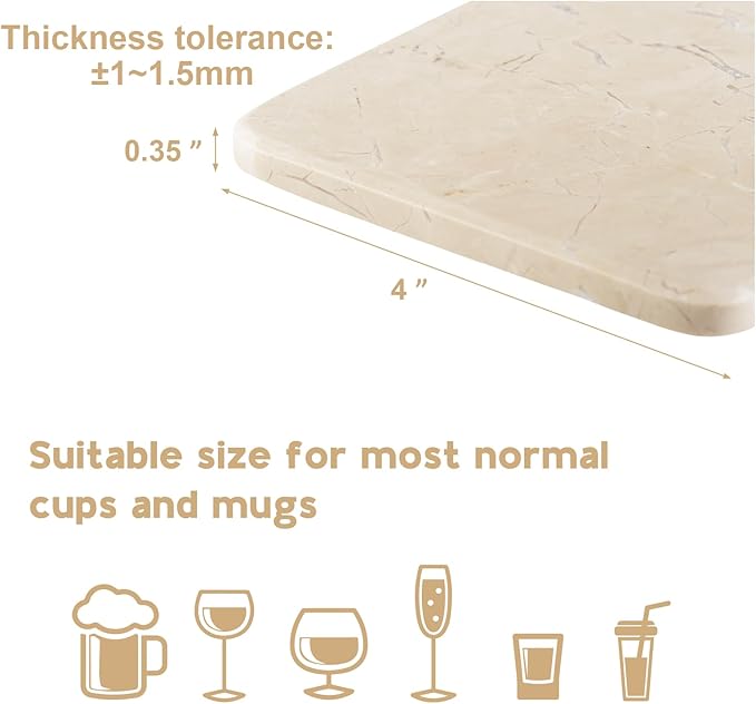 BCS Marble Coasters Set of 5 with Holder, Square Stone Drink Coasters for Coffee, Wine and Cocktails, Non-Slip Durable Cup Mats, Elegant Home, Bar & Kitchen Table Decor (Crema Beige)