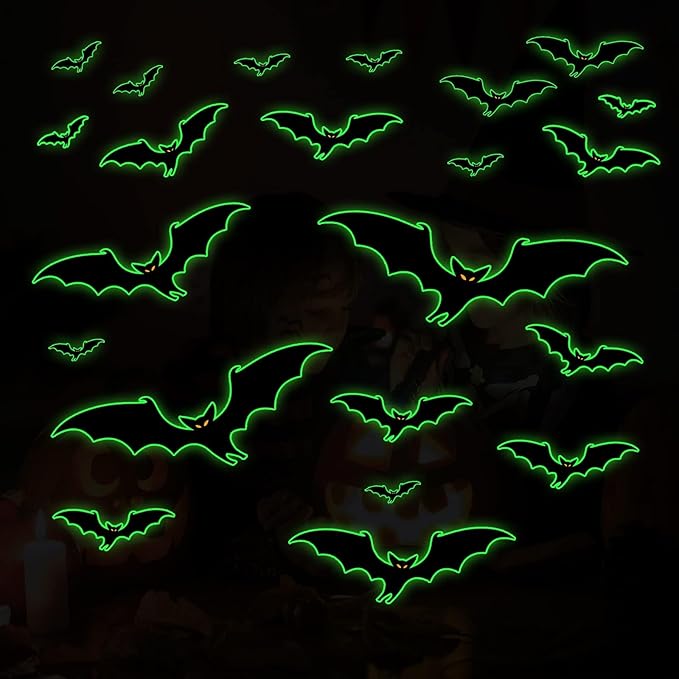 3 Sheets Glow in The Dark Halloween bat Decals Luminous Halloween bat Stickers Removable Bat Wall Decor Glowing Window Clings for Scary Halloween Theme Party Decorations