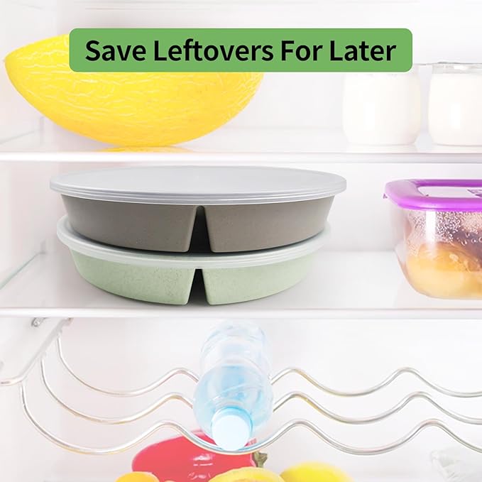 greenandlife 9 Inch 4PCS Divided Plates with Lids, Portion Control Plates for Kids Adults, Dishwasher Microwave Safe Compartment Plate, Unbreakable Lightweight Reusable Wheat Straw Plate Set, INS