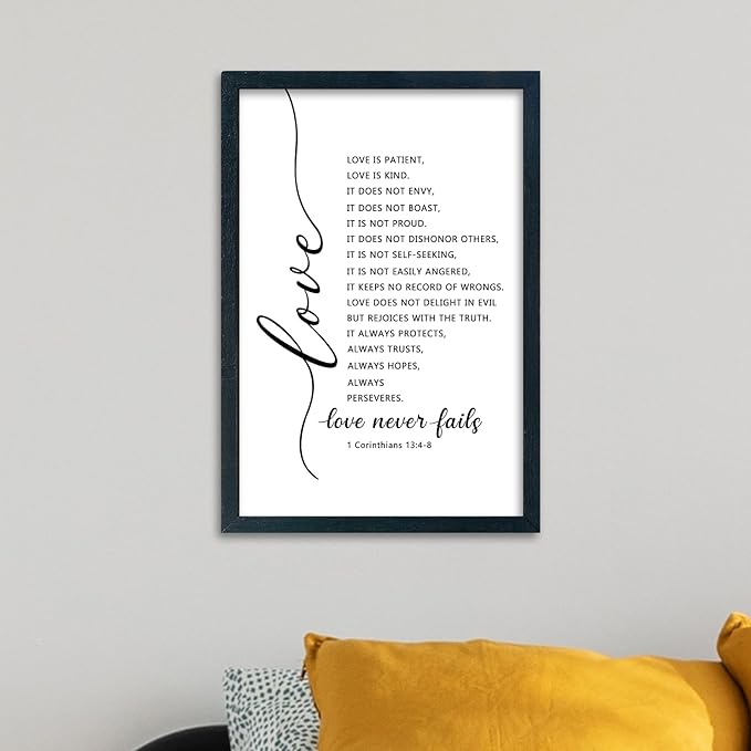 LuZhiQiang Love Is Patient Kind Wall Art 16"×11" Love Never Fails Sign 1 Corinthians 13 Bible Verse Wood Framed Wall Hanging Decor (Black)