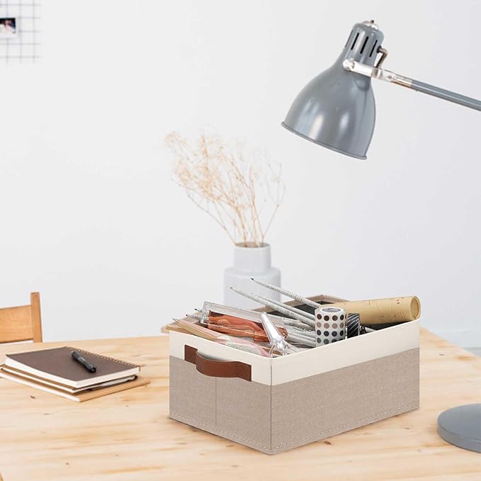 GhvyenntteS Small Fabric Storage Bins 6 Pack, 11.8" x 7.87" x 5.11" Storage Basket with Leather Handles, Closet Storage Bins for Shelves, Storage Baskets for Shelves, DVD Storage (Pink/White)