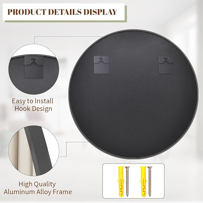 BEAUTYPEAK 42 Inch Round Mirror, Metal Frame Circle Mirror, Wall Mounted for Entryway, Bathroom, Vanity, Living Room, Black
