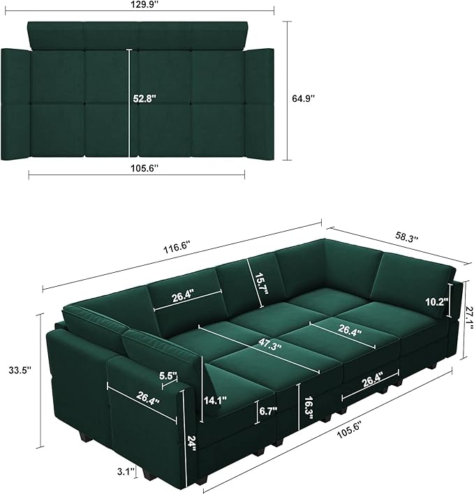 Belffin Modular Sectional Sofa with Storage Chaises Sectional Sleeper Sofa Couch 8 Seat Sectional Bed Green