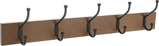 Amazon Basics Rectangular Farmhouse Wall-Mounted Coat Rack with Storage Hooks, 5 Hooks, Barnwood