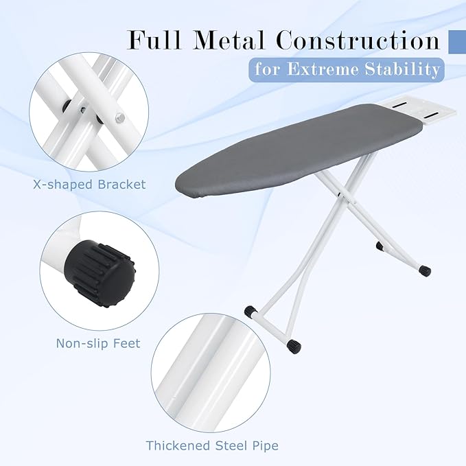 Ironing Board 48" X 13" with Safety Iron Rest Height Adjustable Iron Table Features Reinforced Steel Legs, Heat Resistant Cover, Grey