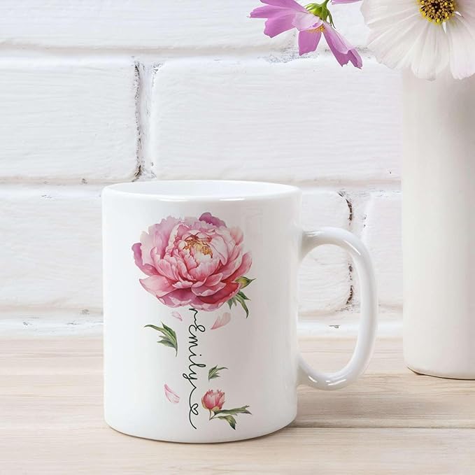 Flower Design Mug With Custom Name, Unique Peony Flower Ceramic Cup, Customized Flower Lover Coffee Mug, Personalized Peony Themed Decorative Cup, Novelty Peony Accent Mug 11oz 15oz