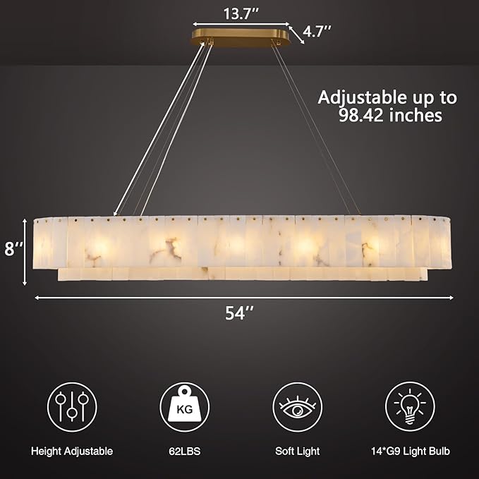 Alabaster Rectangular Chandelier, L54in Modern Dining Room Chandelier Over Table, Adjustable Chandeliers Light Fixture for Living Room, Kitchen Island