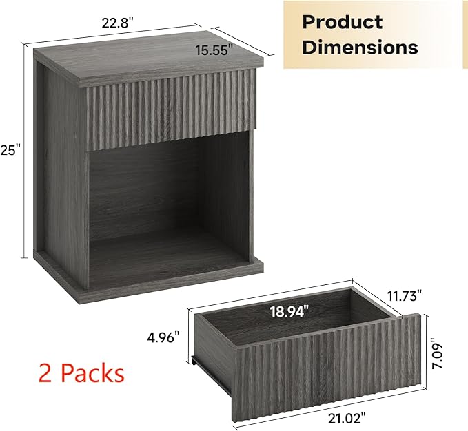 Fluted Nightstand Set of 2, 22.8" Wide Nightstands with Drawer Storage Large Wood BedsideTable Night Stands for Bedroom, Grey Oak