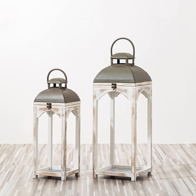 Glitzhome Set of 2 Mondern Farmhouse Wood Metal Lanterns Decorative Candle Lanterns, White (No Glass)