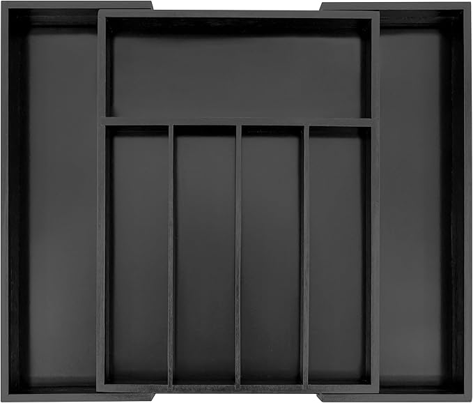 VaeFae Bamboo Drawer Organizer, Expandable Silverware Drawer Organizer, Cutlery Tray with Dividers for Kitchen Utensils (Black, Medium)