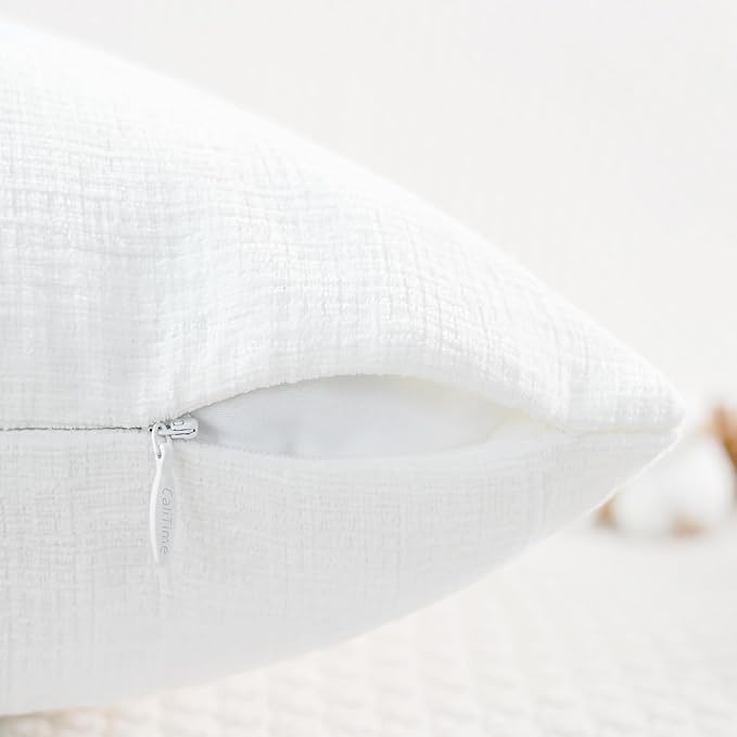 CaliTime Throw Pillow Covers Decorative 16 X 16 Inches Pack of 2 Cozy Chenille Cushion Cases for Couch Sofa Bed Living Room Home True White