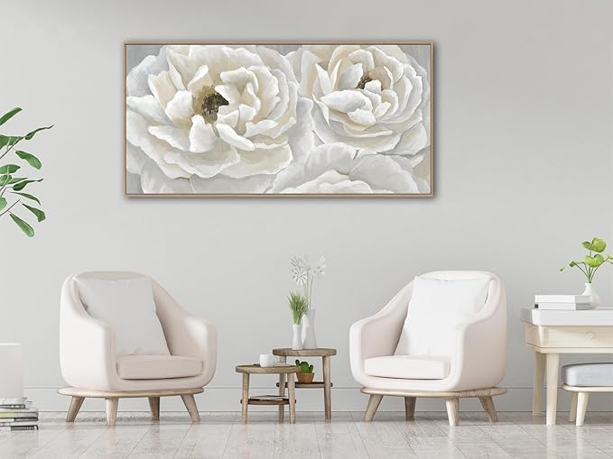 arteWOODS Cream White Flowers Framed Wall Art - Soft Peony Pictures for Wall Decor Elegant Blossom Flower Painting Artwork Botanical Prints for Living Room Home Office Wall Decoration 29" x 58"