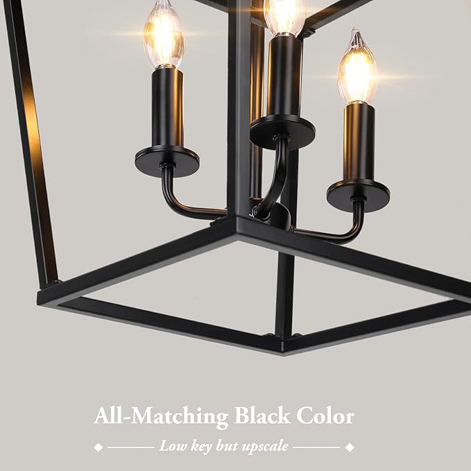 Farmhouse Chandelier 4-Light, Black Pendant Light Fixture for Kitchen Island Dining Room, Lantern Industrial Lighting Ceiling Hanging with Metal Cage Adjustable Height for Entryway Foyer