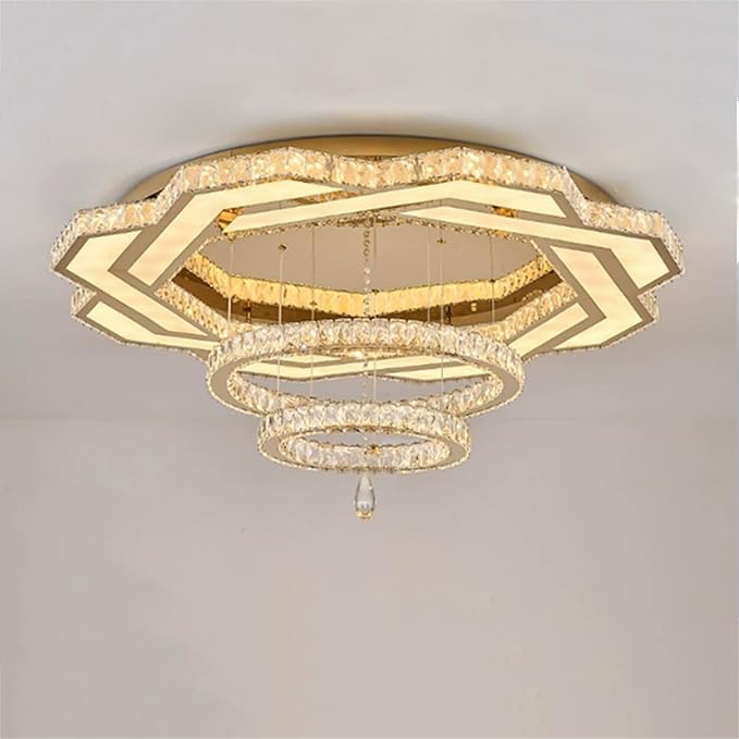 Flashing God Large Crystal Chandelier Dia 48" Gold Chandelier Flush Mount Ceiling Light for Bedroom Living Room Dining Room Hallway Dimmable 3 Rings LED Celing Lighting Fixtures