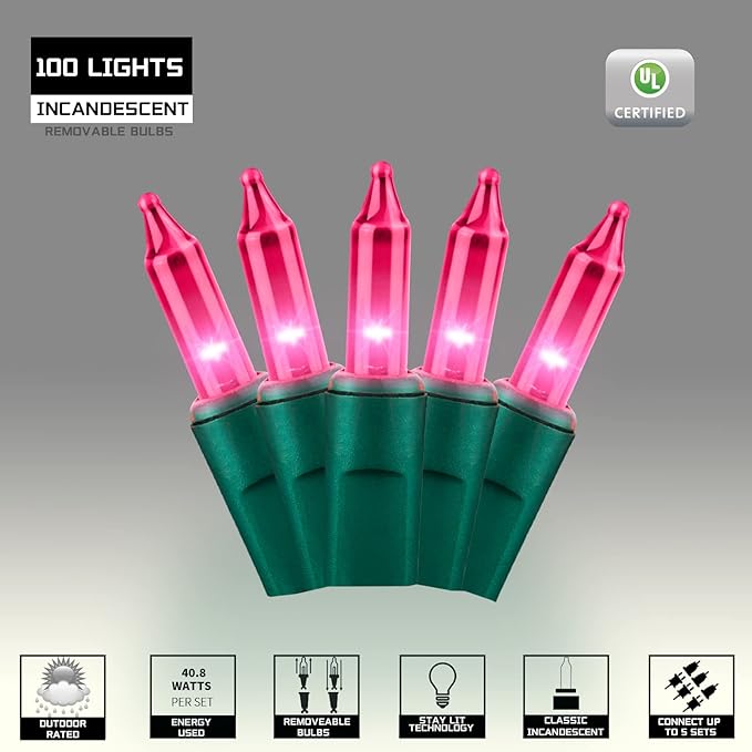 100LIGHTS PINK Extra-Bright With End Connectors Christmas Decorative Lights 5.98m UL Certified Mini String Light Set Waterproof for Home Garden Holiday Christmas Tree Party Patio Decor Wedding