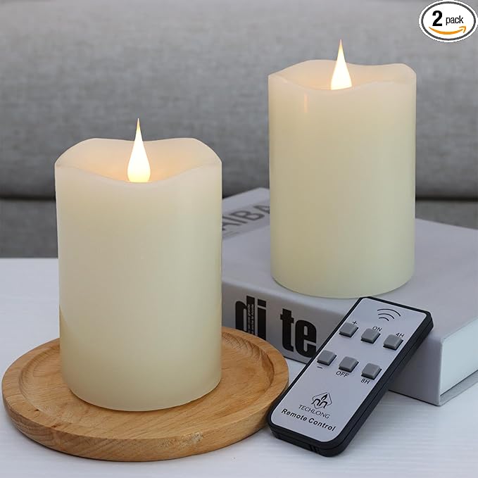 Flameless Candles Battery Operated with Remote Timer, 3D Moving Flame Flickering, Last 600+ Hours Battery Candles, 3" x 5" Ivory Real Wax Electric LED Candle for Wedding Party, Set of 2