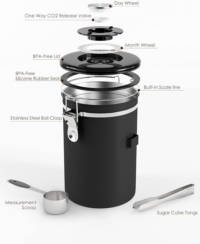 HAIOOU Airtight Coffee Canister, 22OZ +16OZ 2 Piece Stainless Steel Coffee Bean Storage Container with Date Tracker, Measuring Scoop, CO2 Releasing Valves, Mini Tongs for Coffee Bean, Grounds - Black
