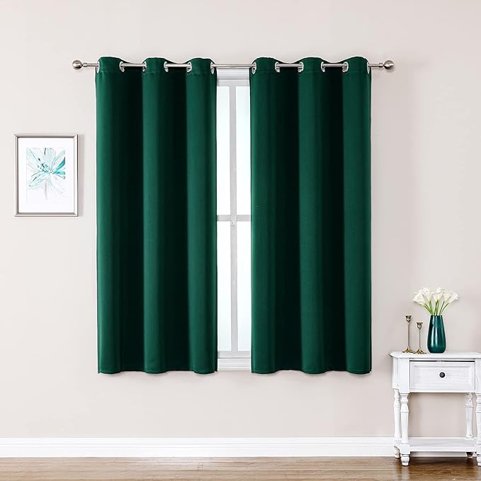 ChrisDowa Small Window Curtains 40 inches Long for Bedroom - Grommet Short Thermal Insulated Room Darkening Curtains for Kitchen (2 Panels, Forest Green, 29 x 40 Inch)