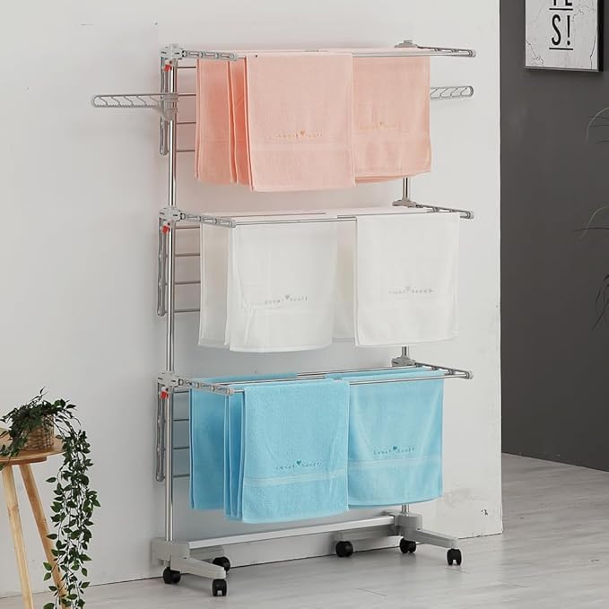 Foldable Laundry Drying Rack with Wheels - 48 Drying Rods, Heavy Duty, Movable, Perfect for Clothes, Duvet, Socks, Bed Linen, Sheets, 6 Wings