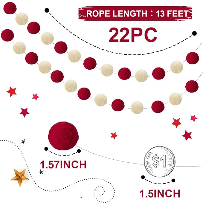 TBD Decor 2pk Red Pom Pom Garland 13FT Large Felt Ball Garland Christmas Decoration for Mantle,Indoor Holiday Wedding Birthday Party Supplies (Red&White,4cm)
